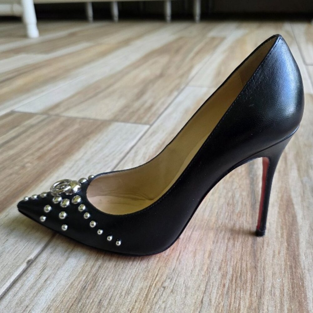 Christian Louboutin Studded Black Leather Door Knock 100mm Kid Heels Eur.34.5